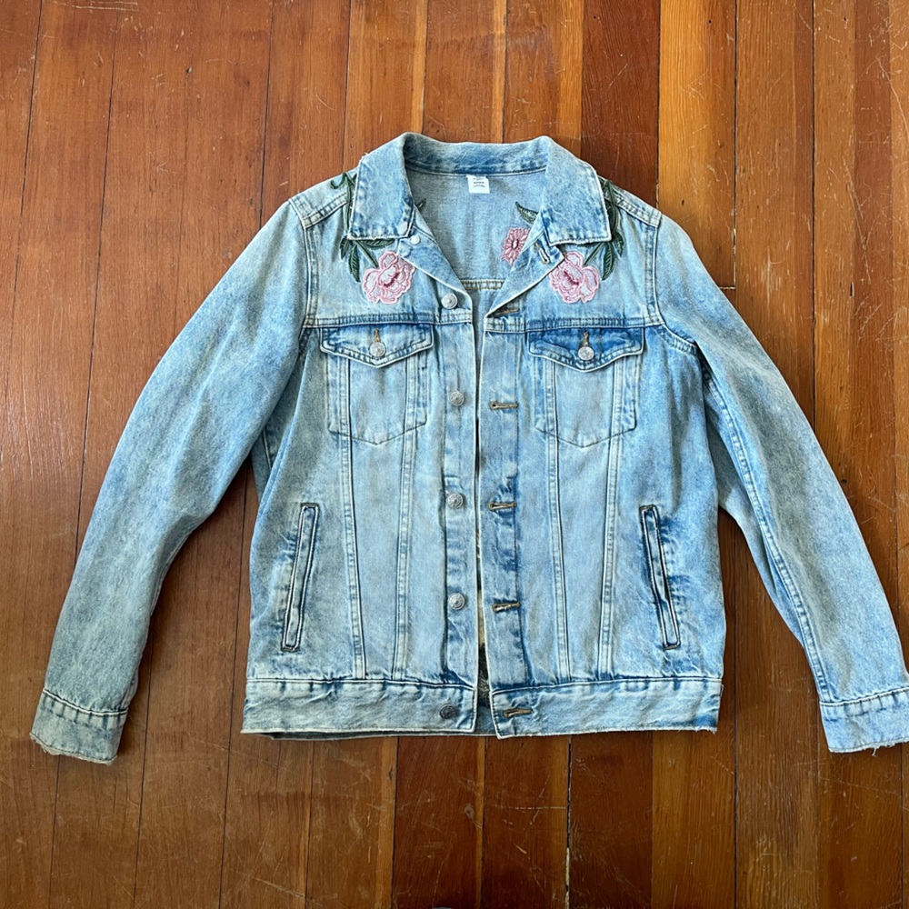 Light Blue Denim Jacket with Pink Embroidery
